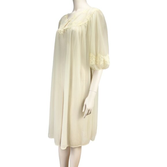 VTG 1960 KAYSER Layered Sheer Butter Yellow Puffed Sleeves Lace Nightgown M - Picture 6 of 11